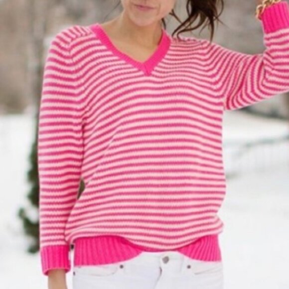 J.CREW Neon Pink And White Striped Cotton/Acrylic V-Neck Sweater Size XL - Picture 1 of 6
